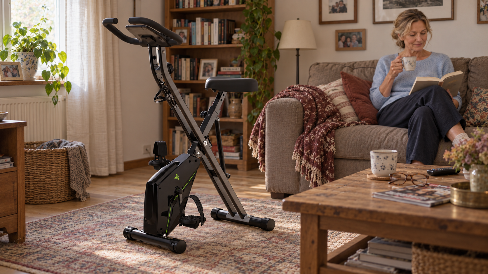 Ein Tretmann Heimtrainer griffbereit neben dem Sofa in einem hellen Wohnzimmer