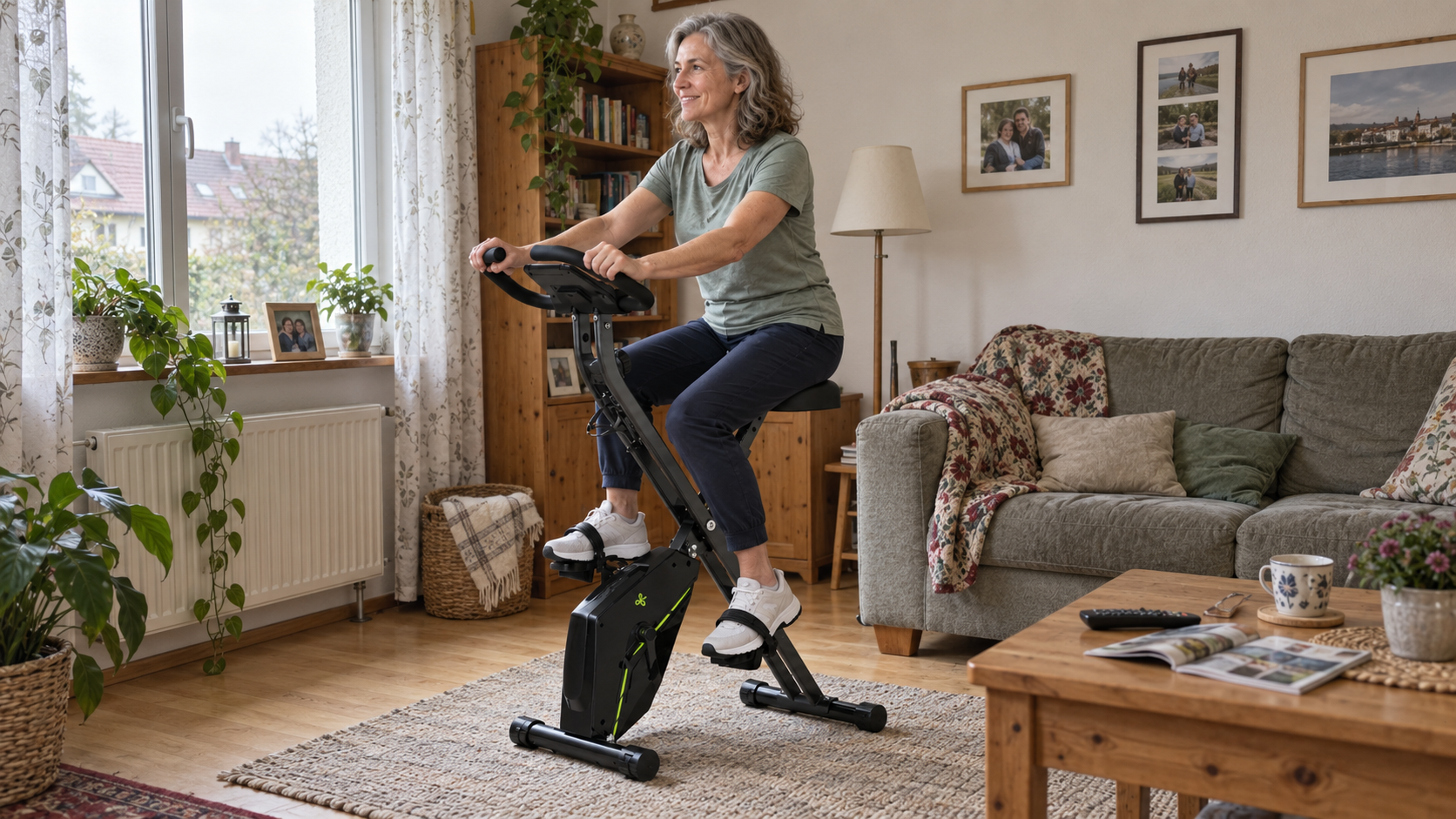 Frau um die 55 beim entspannten Training auf einem Heimtrainer im hellen Wohnzimmer